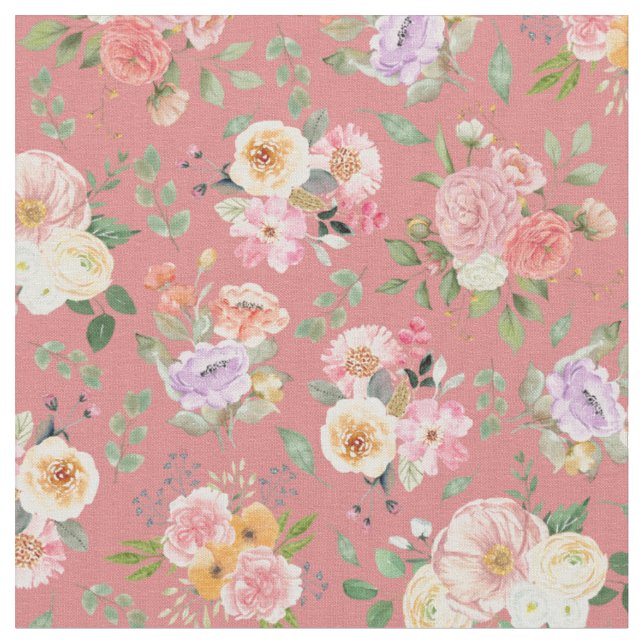 Summer Boho Floral on Tulip Pink Fabric (Close Up)