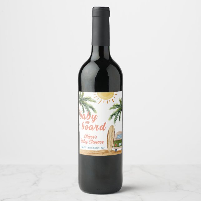 Summer Boho Surf Beach Van Baby Shower  Wine Label (Front)