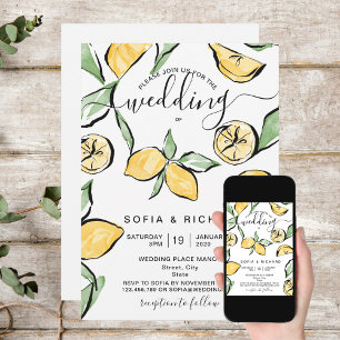 Summer Boho Watercolor Lemon Citrus Greenery Invitation