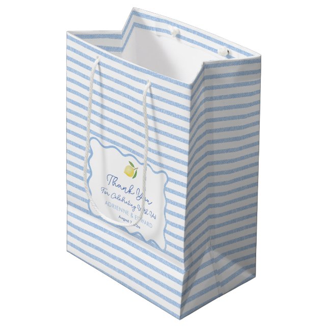 Summer Boho Wavy Line Lemon Wedding Thank You Medium Gift Bag (Front Angled)