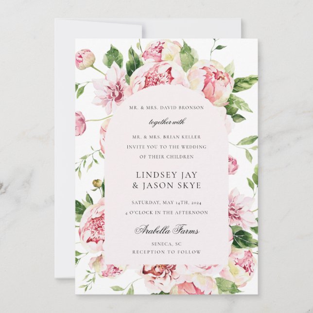 Summer Botanical Arch Greenery Pink Floral Wedding Invitation (Front)