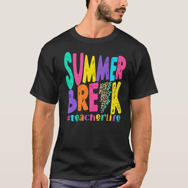 Summer Break Teacher Distressed Leopard Lightning  T-Shirt (Front)