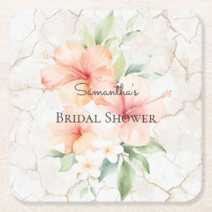 Summer Breeze Blush Peach Hibiscus Bridal Shower Square Paper Coaster
