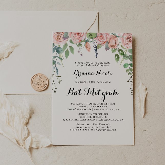 Summer Breeze Floral Calligraphy Bat Mitzvah  Invitation (Creator Uploaded)