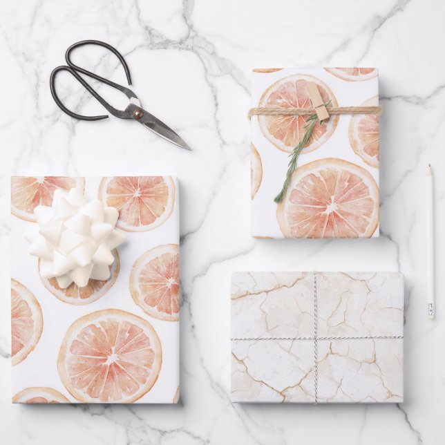 Summer Breeze Grapefruit Peach Birthday Wrapping Paper Sheet (Front)