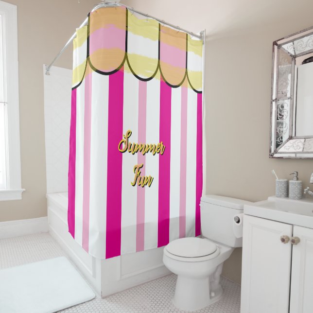 Summer Cabana Pink White Yellow Stripes Shower Curtain (In Situ)