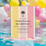 Summer Cabana Stripes Coastal 30th Birthday Invitation<br><div class="desc">A bright colourful cabana stripes pattern in summer colours of yellow and pink make this 30th birthday invitation pop with coastal style. It's a great choice for parties at the beach, by the pool, or with a summer theme. A single palm tree sketch at the top of the design adds...</div>