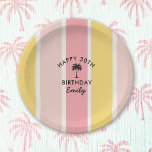 Summer Cabana Stripes Coastal 30th Birthday Paper Plate<br><div class="desc">This part plate design has a bright colourful cabana stripes pattern in summer colours of yellow and pink. The text template is ready to personalise with your birthday guest of honour's name. You can also change the age if you want to create these plates for a different age. It's a...</div>