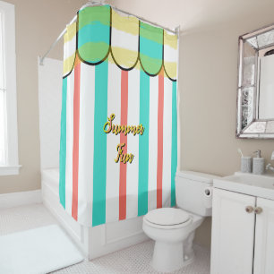 Summer Cabana Turquoise Coral Yellow Stripes Shower Curtain