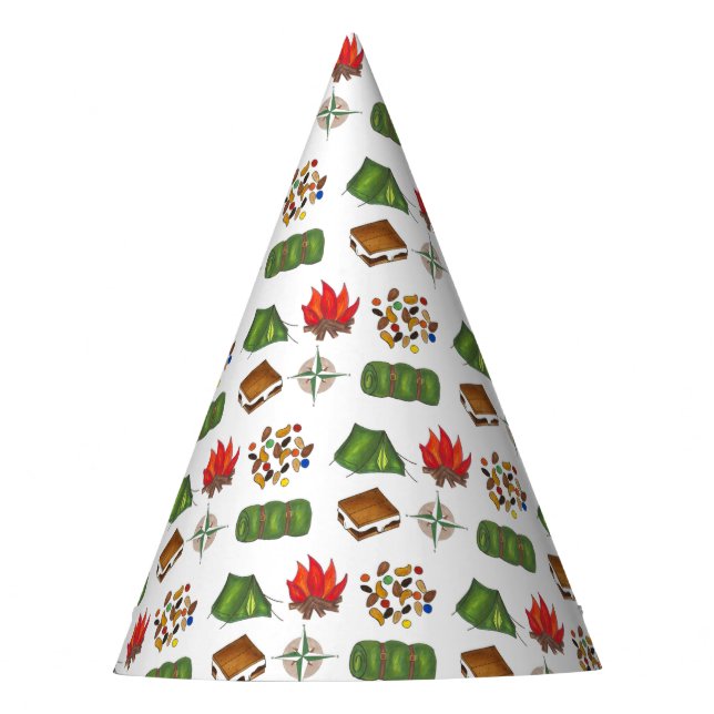 Summer Camp Compass Campfire S'mores Tent Trailmix Party Hat (Front)