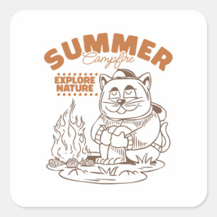 Summer Campfire Explore Nature – Vintage Cat Square Sticker