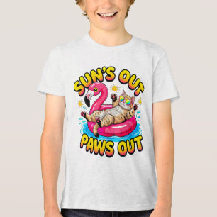 Summer Cat Funny Flamingo Float — Cool Paws Out Tri-Blend Shirt