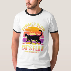Summer Cat Glow - Retro Black Cat Art T-Shirt
