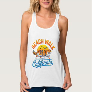 Summer Cat Retro Beach Walk - Calico Sunset Cat Singlet