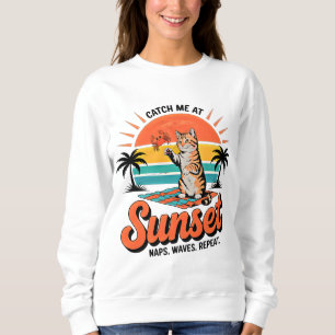 Summer Cat Retro Sunset Beach Design for Women Sweatshirt