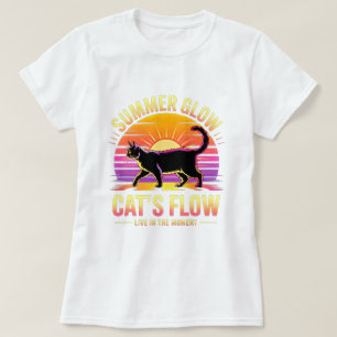 Summer Cat Retro Sunset - Black Feline Beach Vibes T-Shirt