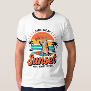 Summer Cat Retro Sunset - Playful Beach Kitten T-Shirt