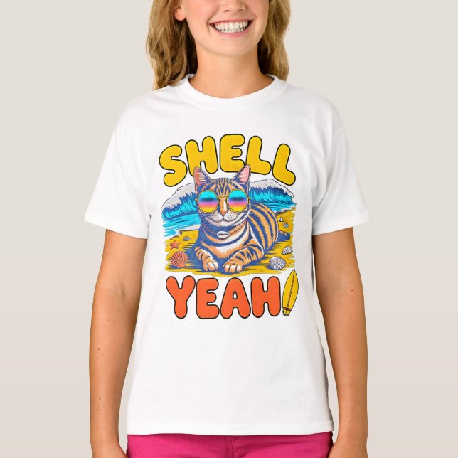 Summer Cat Shell Yeah - Beach Cat Gift for Girls T-Shirt (Front)
