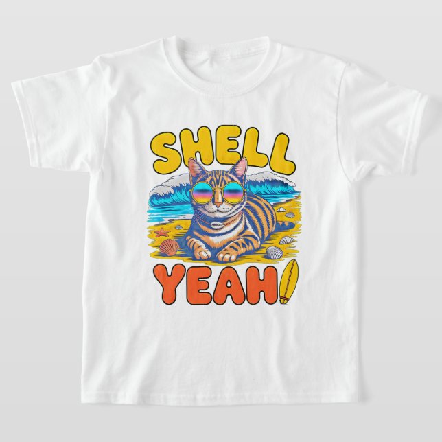 Summer Cat Shell Yeah Beach - Cool Sunglasses cat T-Shirt (Laydown)