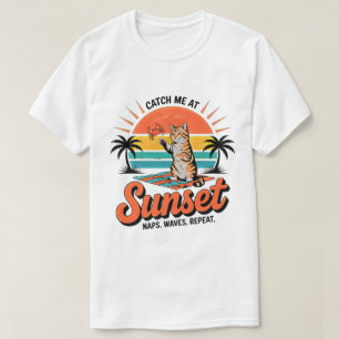 Summer Cat Sunset Retro Beach Vibes T-Shirt