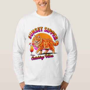 Summer Cat Sunset Sipper - Retro Orange Tabby Gift T-Shirt