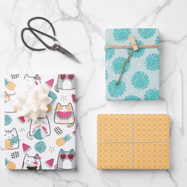 Summer Cat Tropical Fruits Wrapping Paper Sheet (Front)