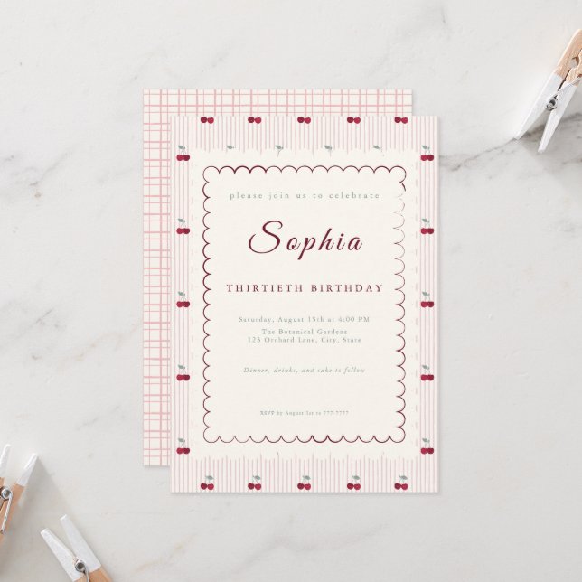 Summer Cherry Picnic Scalloped 30th Birthday Invitation (Front/Back In Situ)