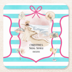 Summer Chic Beach and Waves Bridal Shower Square Paper Coaster