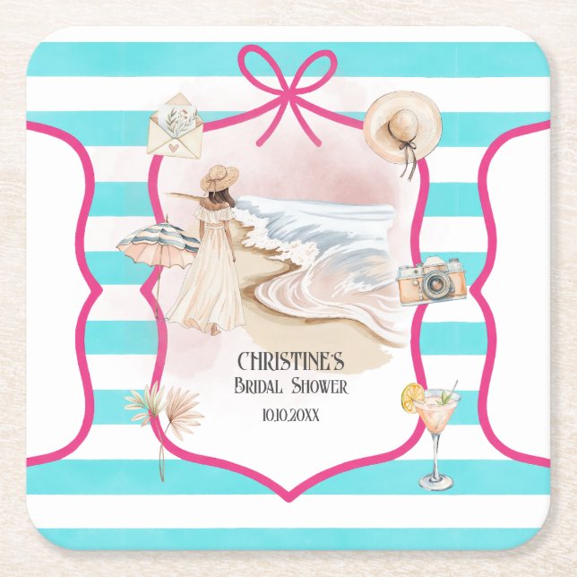 Summer Chic Beach and Waves Bridal Shower Square Paper Coaster (Front)
