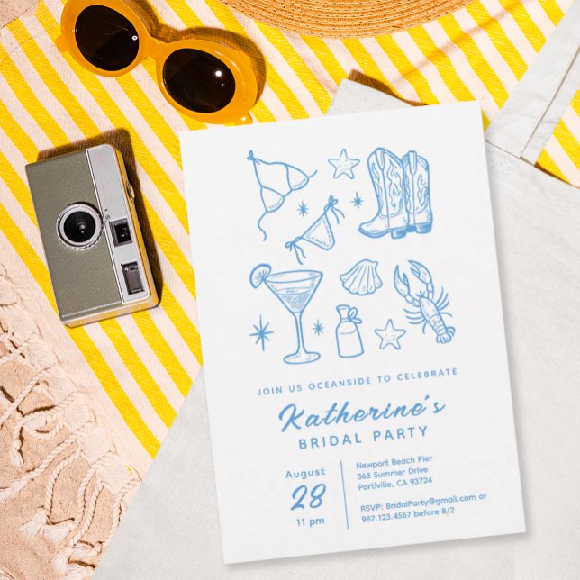 Summer Chic Blue Hand Drawn Beach Bridal Shower Invitation (Creator Uploaded)