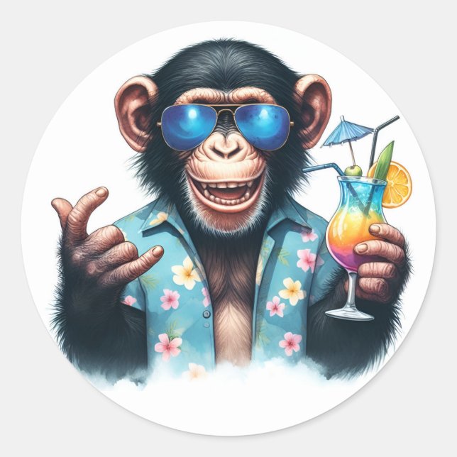 Summer Chill Chimp Chillin - Sunglasses & Cocktail Classic Round Sticker (Front)