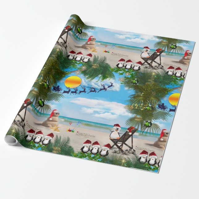 Summer Christmas Baby on the Beach repeat Design Wrapping Paper (Unrolled)