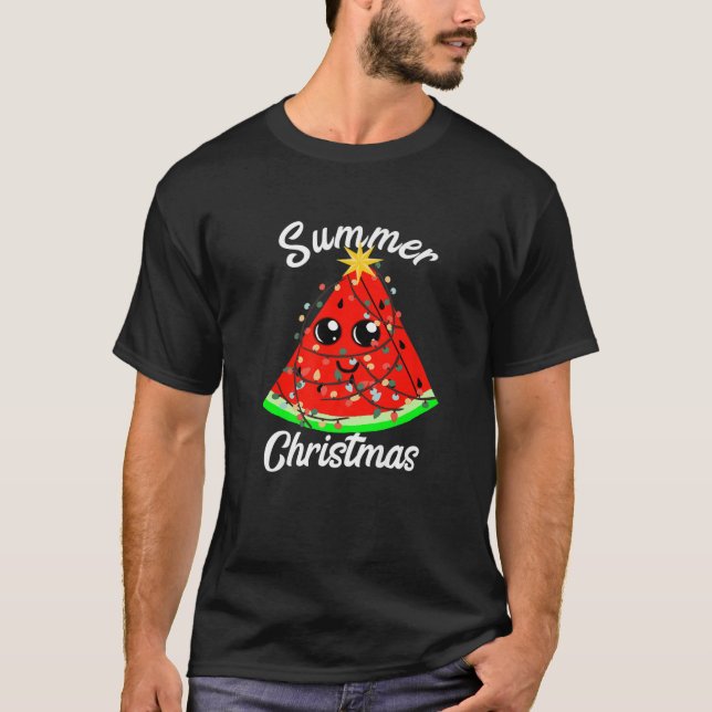 Summer Christmas In July Watermelon Fruit Tree Tro T-Shirt (Front)