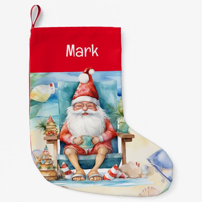 Summer Christmas with Santa Claus on beach  Small Christmas Stocking (Front)