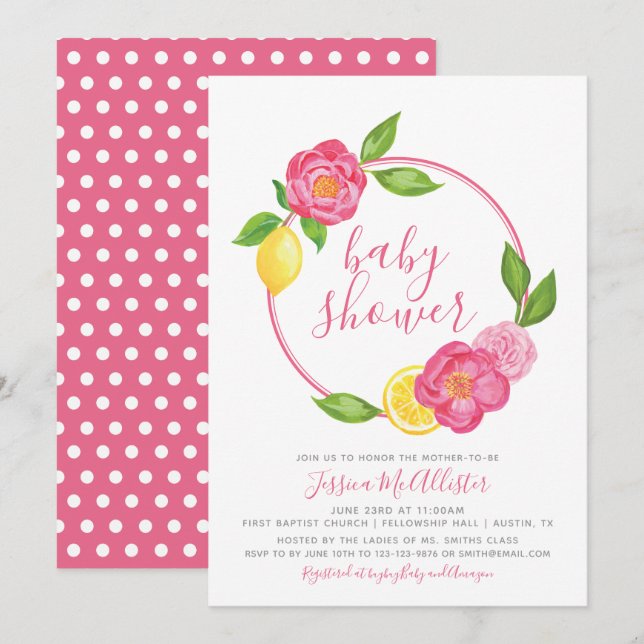 Summer Citrus Floral lemon Wreath Girl Baby Shower Invitation (Front/Back)