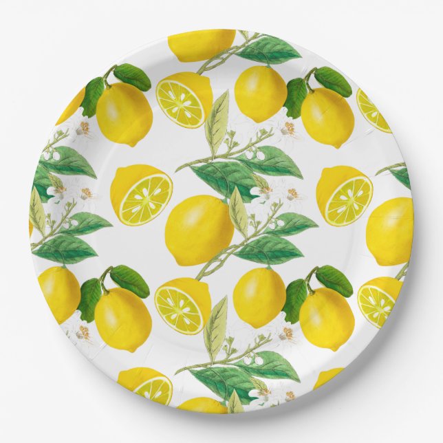Summer, citrus ,floral Mediterranean style ,lemon  Paper Plate (Front)