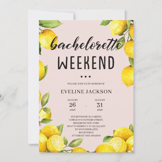 Summer citrus lemon bachelorette weekend invitation (Front)