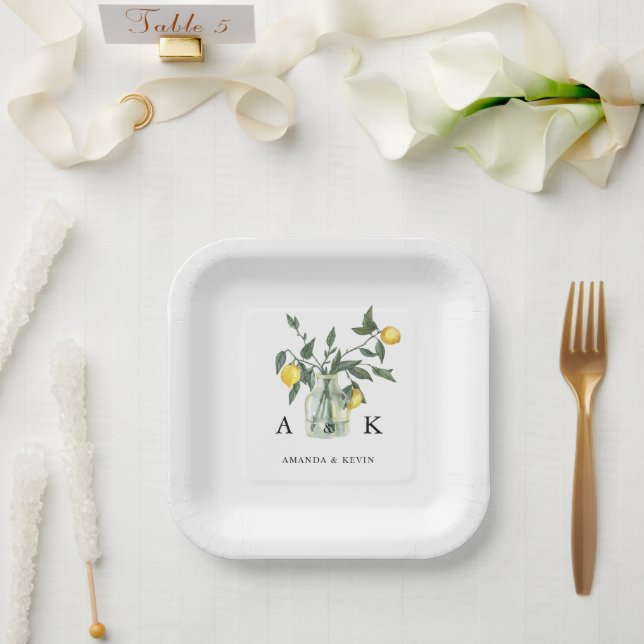 Summer Citrus Lemon Greenery Monogram Wedding Paper Plate (Wedding)