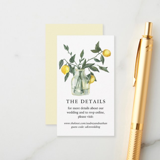 Summer Citrus Lemon Greenery Wedding Website Enclosure Card (Front/Back In Situ)
