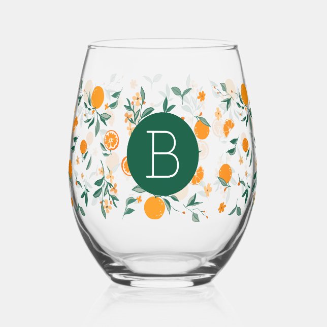 Summer Citrus Oranges & Foliage Monogram Stemless Wine Glass (Front)