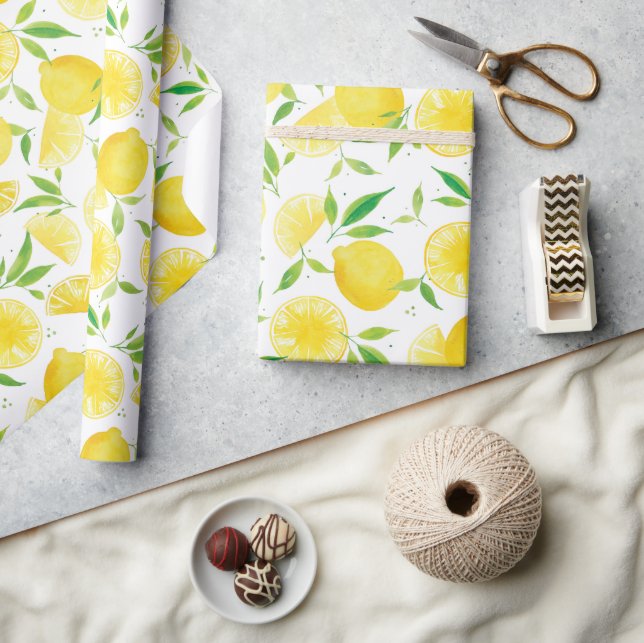 Summer Citrus Watercolor Lemon Pattern Wrapping Paper (Crafts)