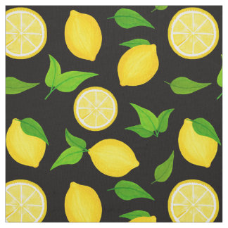 Summer Citrus Yellow Lemons green Leaves on Black Fabric