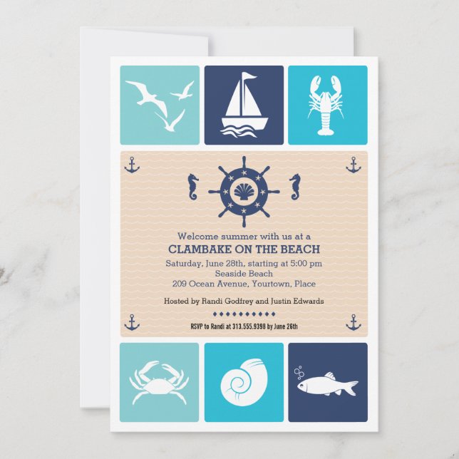Summer Clambake Nautical Beach Icons Party Invitation (Front)
