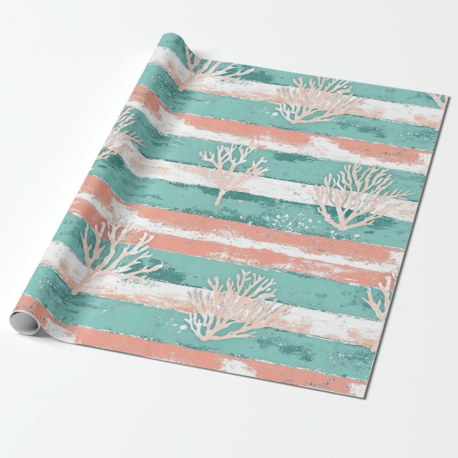 Summer Coastal Coral Pattern Wrapping Paper (Unrolled)