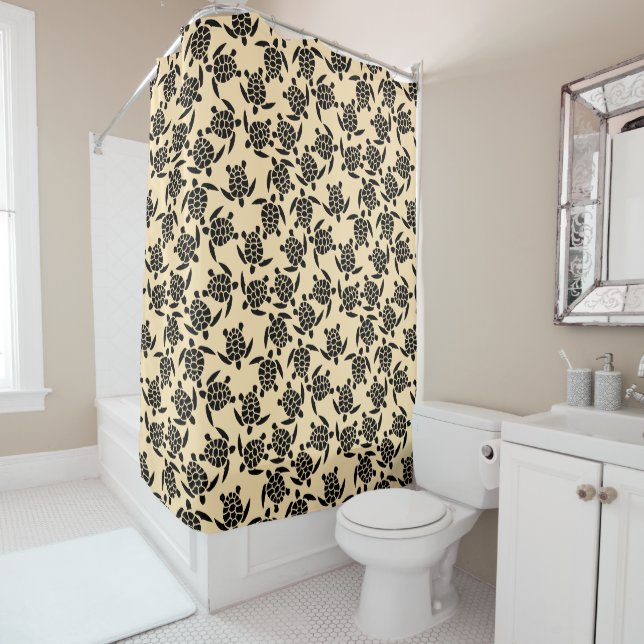 Summer coastal style repeating turtle pattern shower curtain (In Situ)