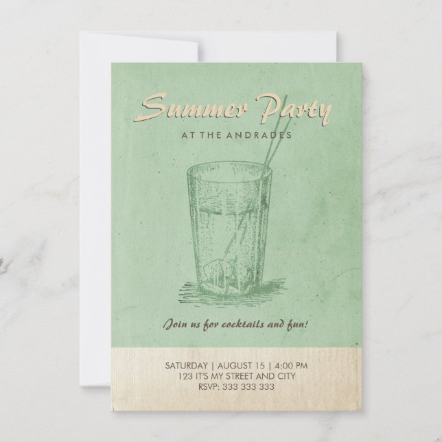 Summer Cocktail Party Adult Retro Style Mint Green Invitation (Front)