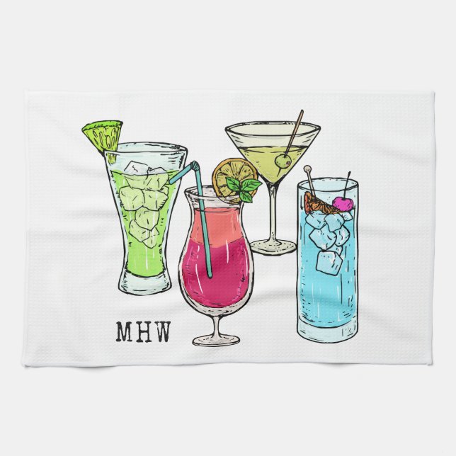 Summer Cocktails custom monogram kitchen towel (Horizontal)