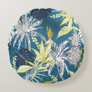 Summer colourful tropical forest leaves and fruits round cushion