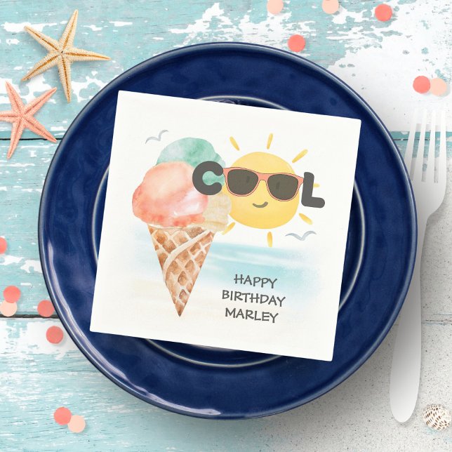 Summer Cool | Tropical Beach Ice Cream Birthday Napkin (Creator Uploaded)