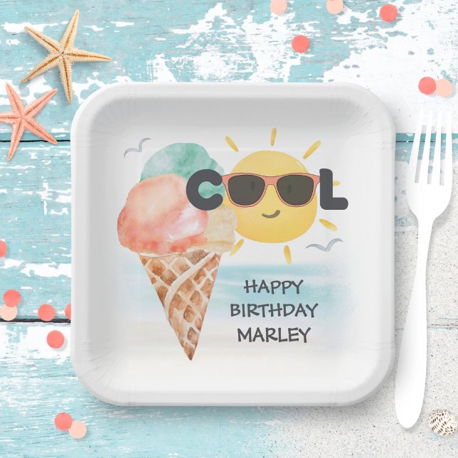 Summer Cool | Tropical Beach Ice Cream Birthday Paper Plate (Creator Uploaded)